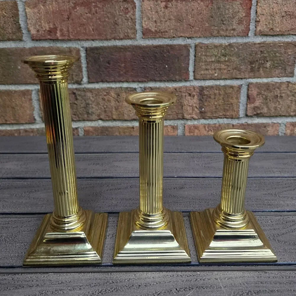 Baldwin Brass Column Candlesticks Smithsonian Shiny Gold Tone Metal Set of 3 Vtg